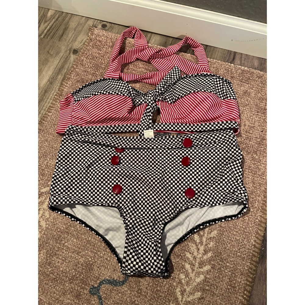 Unbranded 2 Piece High Waist Bikini Swimsuit Large Black Red White New